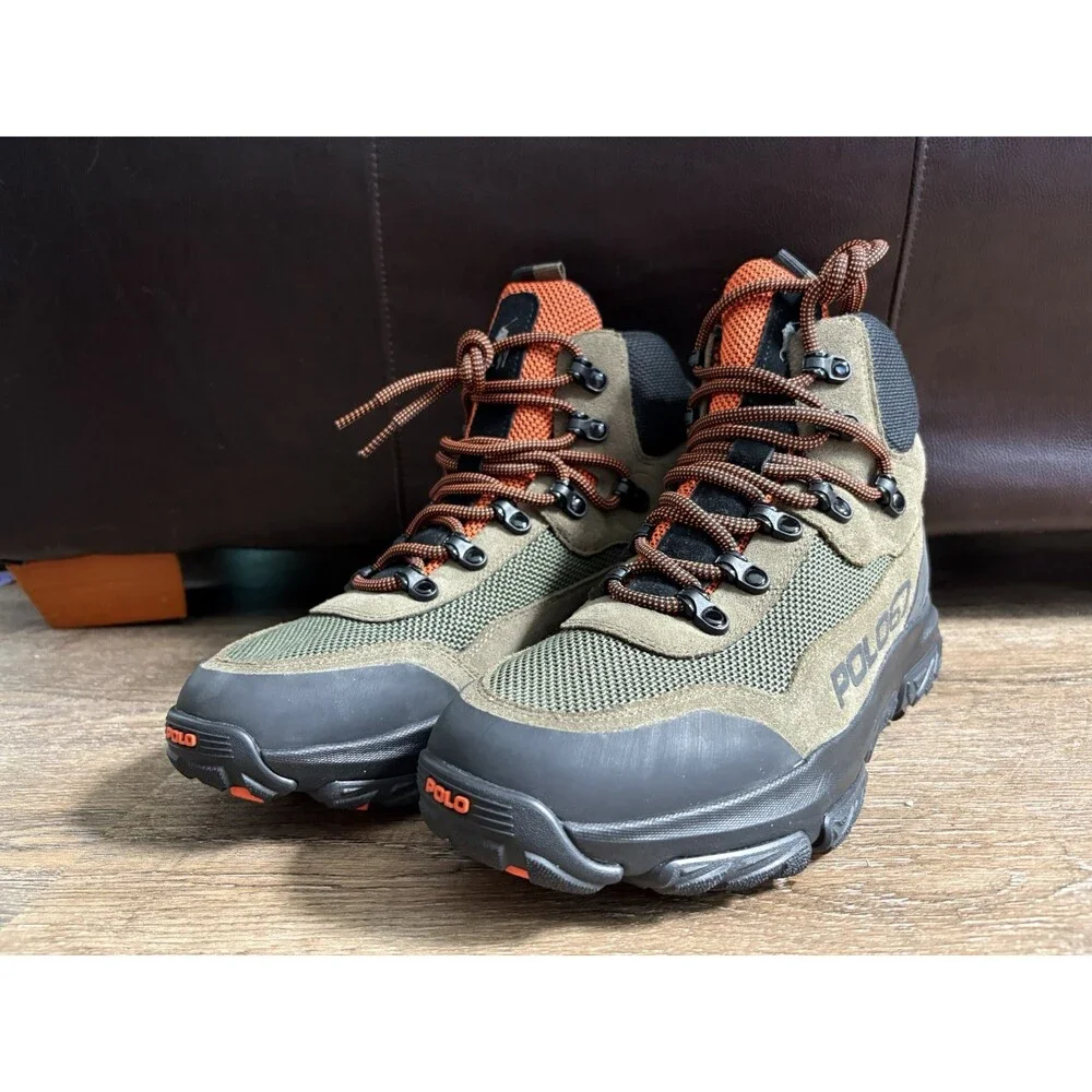 Polo Ralph Lauren ADVTR 300 Mid Sneaker Boots Army Green Vibrant Orange Sz 12